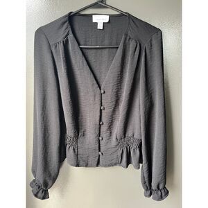 TOPSHOP Womens 4 Black Millie Twill Tea Top Smocked Sides Flounce Ruffle Sleeve